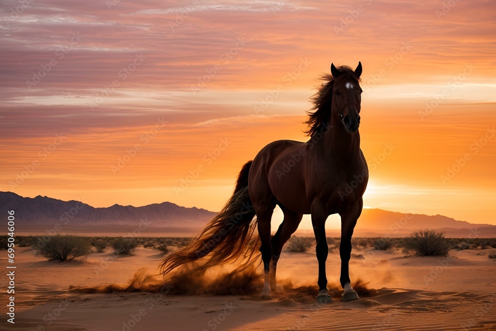 W miękkości pustynnego zmierzchu srebrny koń emanuje elegancją, stojąc godnie pośród płynących piasków, podczas gdy zachód słońca maluje niebo w odcieniach pomarańczy i fioletu. - obrazy, fototapety, plakaty 