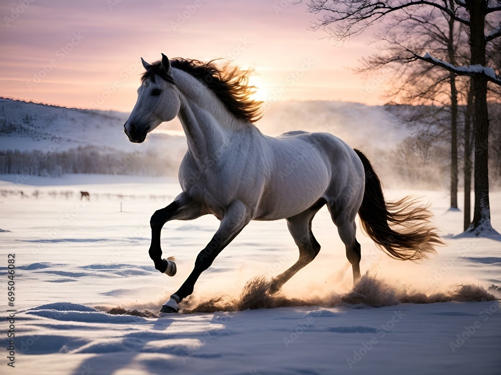 W zimowym świcie srebrny koń rozpędza się przez biały krajobraz, pozostawiając za sobą ślady świeżego śniegu, tworząc mityczną i ekscytującą obecność w spokojnej urodzie śnieżnego wschodu słońca. - obrazy, fototapety, plakaty 