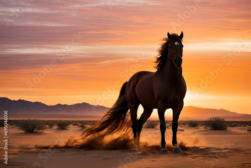 W miękkości pustynnego zmierzchu srebrny koń emanuje elegancją, stojąc godnie pośród płynących piasków, podczas gdy zachód słońca maluje niebo w odcieniach pomarańczy i fioletu. © MS