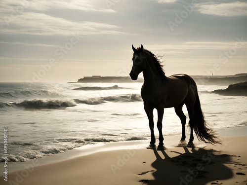 W blasku południowego słońca srebrny centaur pięknie prezentuje się na wybrzeżu, oczarowując zgraniem z potężnym koniem i delikatnym pluskiem fal.