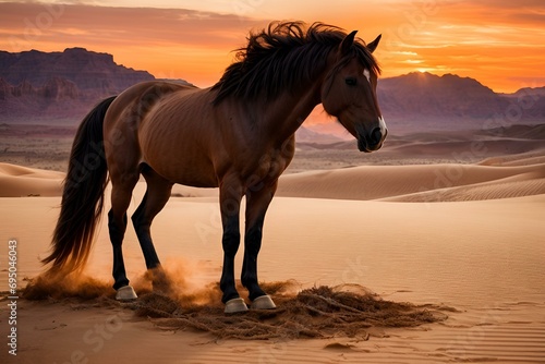 W miękkości pustynnego zmierzchu srebrny koń emanuje elegancją, stojąc godnie pośród płynących piasków, podczas gdy zachód słońca maluje niebo w odcieniach pomarańczy i fioletu.