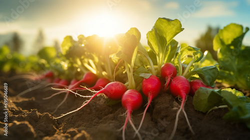 Full bloom radish organic farm in the morning with sun rise. Created using generative AI. #695046689