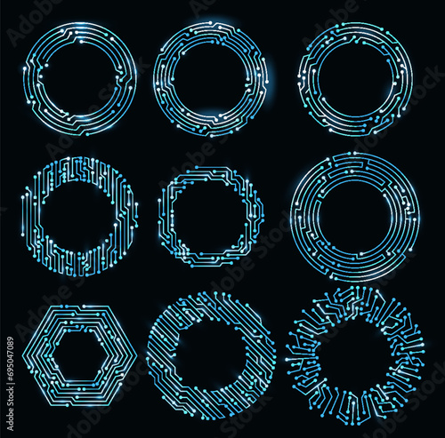 Circuit board circle frames. Abstract digital round frame, hardware board and electronic motherboard pattern vector set. Programming science, computer system elements