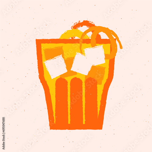 Cold drinks with orange, citrus zest and ice cubes. Tumbler glass for bar. Bright refreshing cocktail with tonic. Alcohol beverage design. Vector flat illustration with texture. Lemonade mocktail