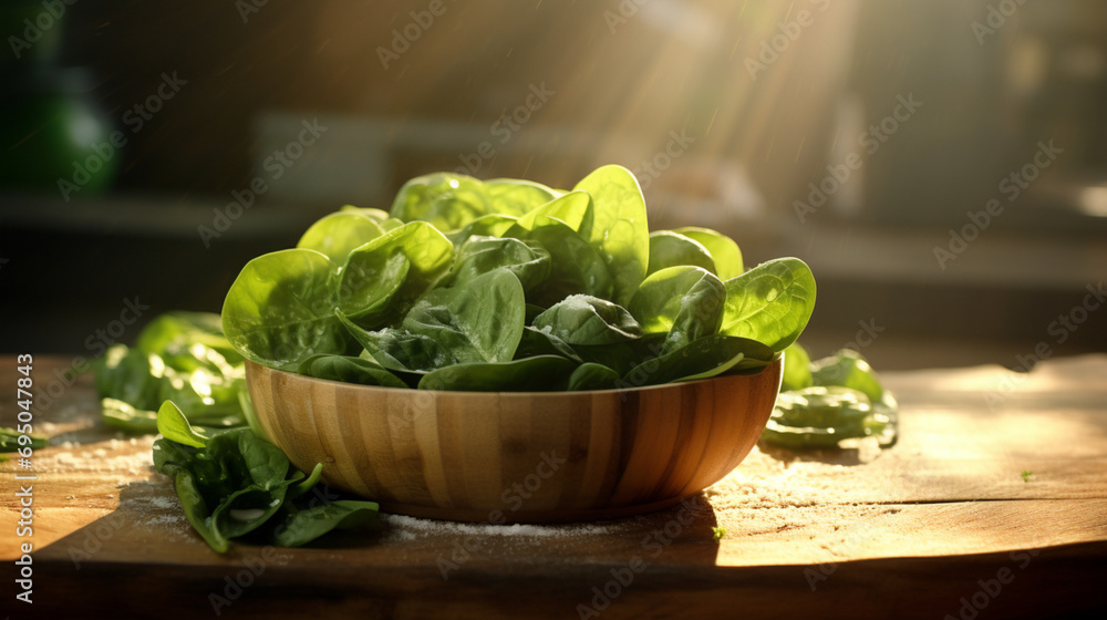Close up spinach bowl on the island kitchen background and morning sunrise. Created using generative AI. Close up spinach bowl on the island kitchen background and morning sunrise. Created using generative AI.