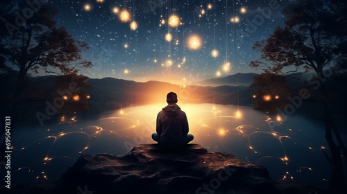 A person meditating under the stars, incorporating astrology into a spiritual and introspective setting. [astrology