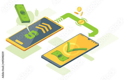 Money transfer app isometric. Vector concept illustration of mobile money transfer. Two smartphones and bundle of the banknotes and coins are flying from one smartphone to the other
