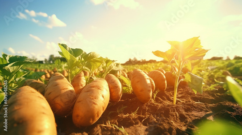 Abundant organic sweet potato plantation with sunshine and clear sky.  Created using generative AI.