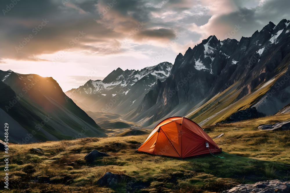 tent in the mountains, camping, mountain camp, biwak tent, hiking tour, wild camping - obrazy, fototapety, plakaty 