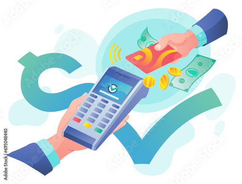 Vector payment machine and credit card. POS terminal confirms the payment by debit credit card, invoce. Vector illustration in flat design. NFC payments concept. Isometric NFC payments concept