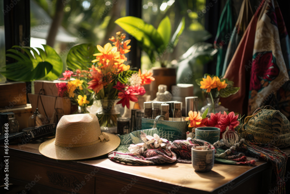 A bohemian-style pop-up market offering handmade crafts and artisanal goods inspired by Hawaiian culture. Generative Ai.
