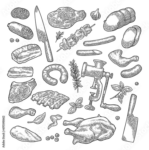 Set meat products and kitchen equipment. Brisket, sausage, meat grinder, steak, chicken leg, knife, ribs, basil, thyme. Vintage black vector engraving illustration. Isolated on white background.