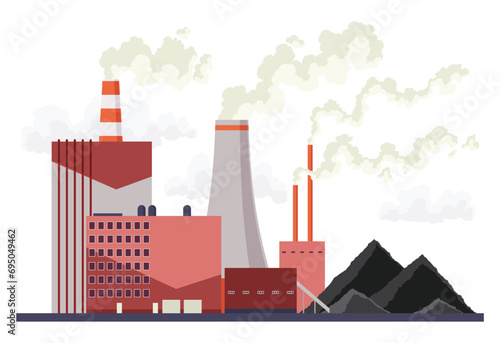 Coal mining plant. Building factory with pipes, smoke and pile of coal near them. Industrial coal fired power station, fossil fuel power station. Vector illustration
