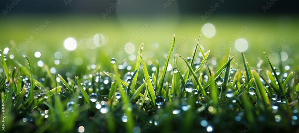 Blurred defocused natural green grass background with water drops creating a bokeh effect