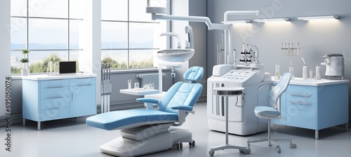 Bright and inviting modern dental clinic with a serene color palette of light blue and white tones