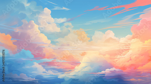 Enchanting and Playful Cartoon-Style Cloudscape Illustration of Vibrant and Whimsical Skies with Beautifully Clouds