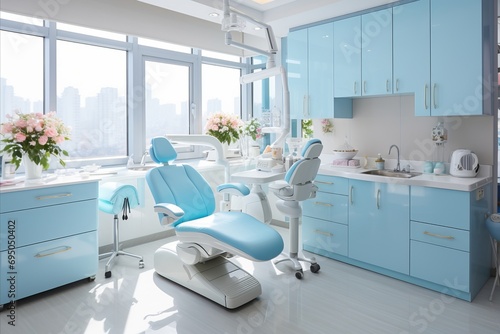 Contemporary dental clinic interior in light blue and white tones  creating an inviting atmosphere