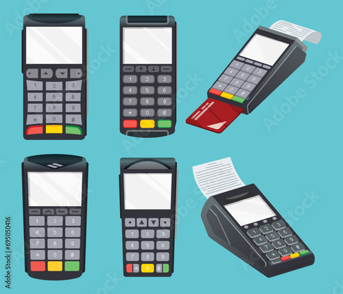 Payment pos terminal set. NFC payment machine concept. Bank payment terminal, mockup. Vector illustration in flat design