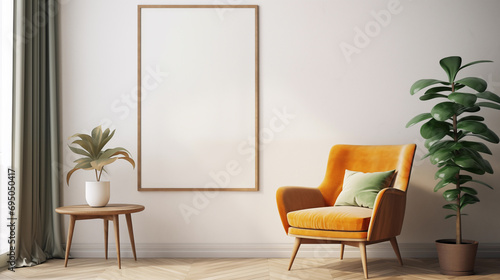 living room with an armchair and a table with a plant with a large painting mockup