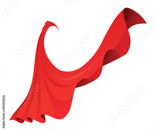 Superhero red cape in front view. Scarlet fabric silk cloak. Mantle costume or cover cartoon vector illustration