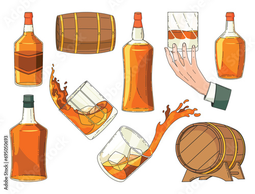 Whiskey advertising vintage design elements. Glass bottle, man hand holding glass of scotch with ice cubes, wooden alcohol barrel icon collection. Vector alcohol products