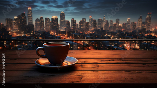 A Cup Of Coffee On A Wooden Table Against The Backdr