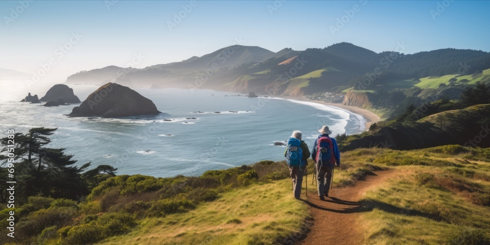 A midage couple finds serenity and joy, admiring the scenic Pacific coastway during a hiking adventure, embodying the beauty of nature in their active retirement lifestyle