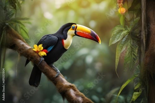 Toucan tropical bird sitting on a tree branch in natural wildlife environment in rainforest jungle Generative ai