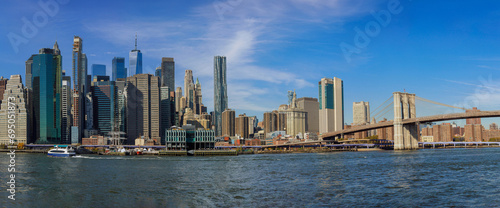 View of metropolis city skyline New York City from Brooklyn Bridge, featuring Manhattan midtown business district office buildings