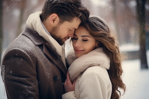 young couple hug in snowy winter