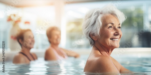 Radiant Aquatic Harmony: A jubilant group of active senior women embraces joy and camaraderie in an aqua fit class, embodying a spirited and healthy retired lifestyle © Ben