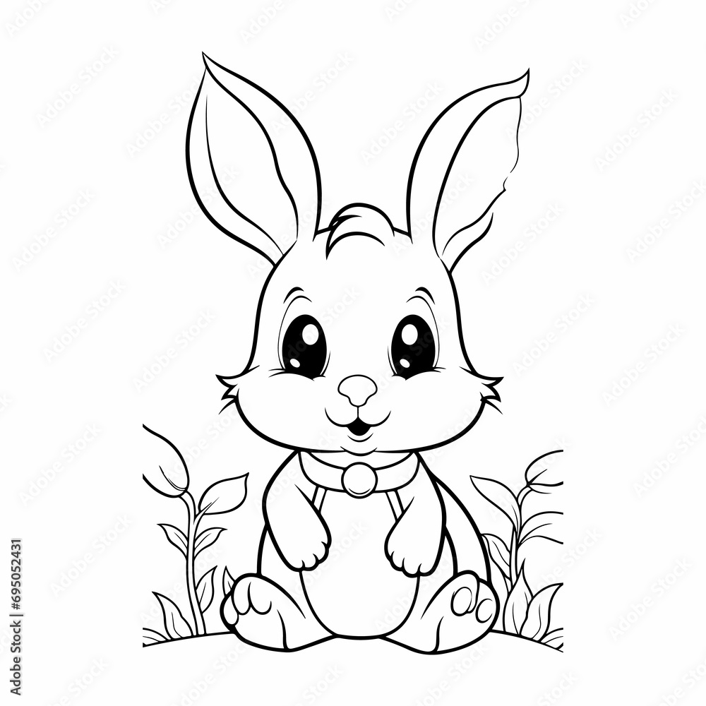 cute rabbit playing outdoor coloring page illustration 