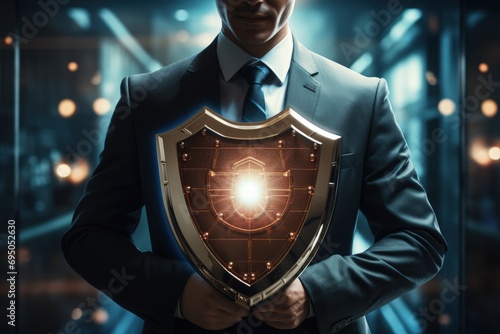 Businessman holding shield protect icon