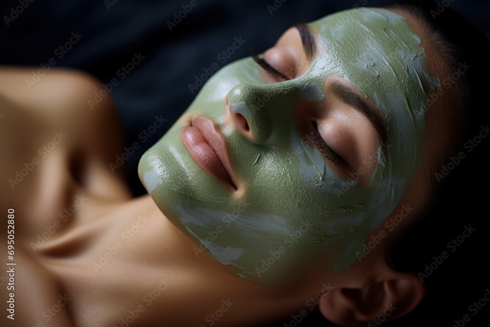 Close up woman relaxing in spa with green clay mask Close up woman relaxing in spa with green clay mask