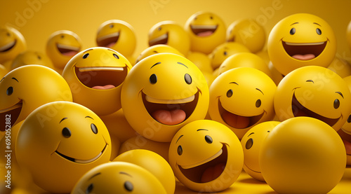 group of happy yellow smiley faces balls emoji 3d illustration photo