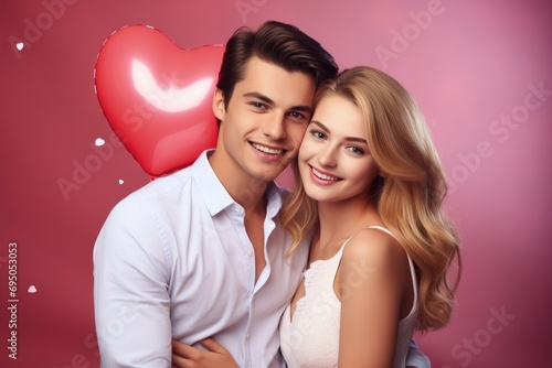 Happy young couple with heart shaped balloons. St. Valentine s Day concept.