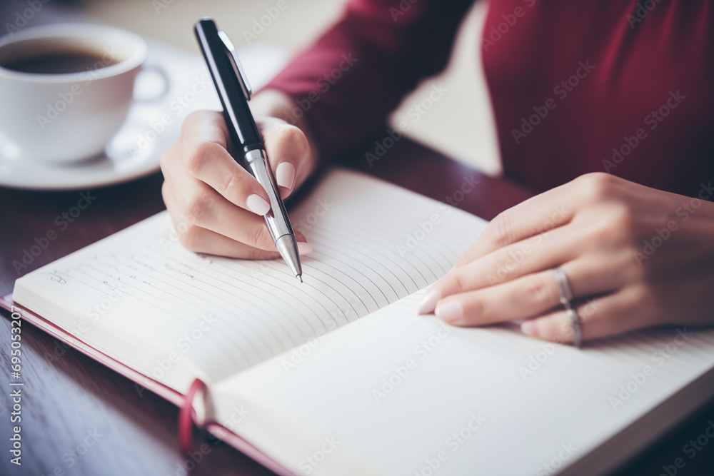 Woman writing notes in notebook with coffee, ai generated Woman writing notes in notebook with coffee, ai generated