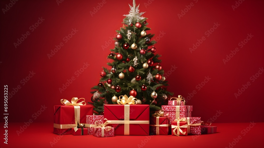 Festively Adorned Christmas Tree Surrounded by Gifts, Red Background 