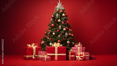Festively Adorned Christmas Tree Surrounded by Gifts, Red Background 