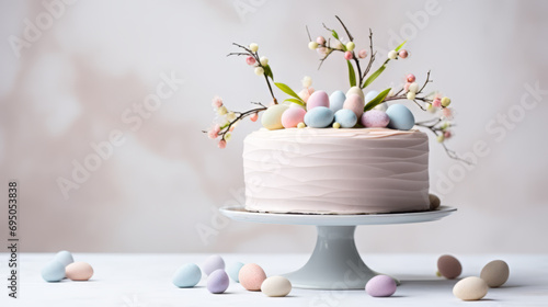 White cake decorated with chocolate Easter eggs and spring flowers banner