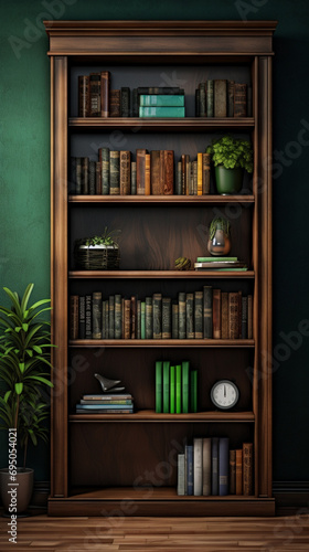 wooden bookcase in study room with green walls