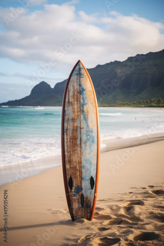 Surfboard and palm trees on sunset beach background. © Natalia Klenova