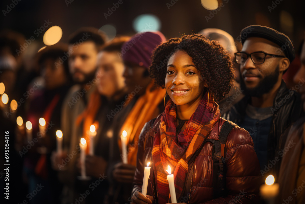 A diverse gathering participating in a candlelight vigil for global peace, expressing solidarity and collective hope. Generative Ai. A diverse gathering participating in a candlelight vigil for global peace, expressing solidarity and collective hope. Generative Ai.