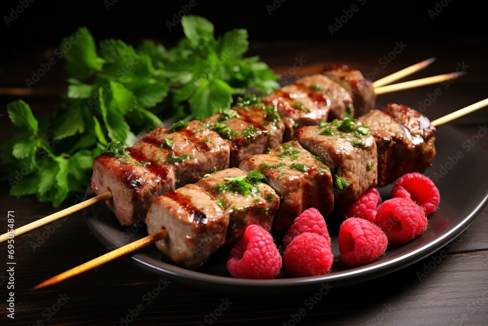 Juicy grilled meat skewers with fresh raspberries and parsley, perfect for food enthusiasts.