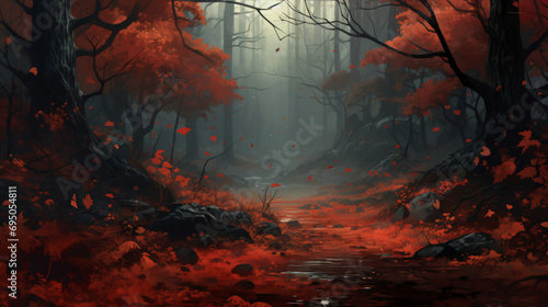 A Gloomy Autumn Forest in a Fantasy World. Generativ