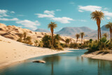A serene desert oasis, where the stillness of the sand dunes contrasts with the vibrant life surrounding an ancient water source. Generative Ai.