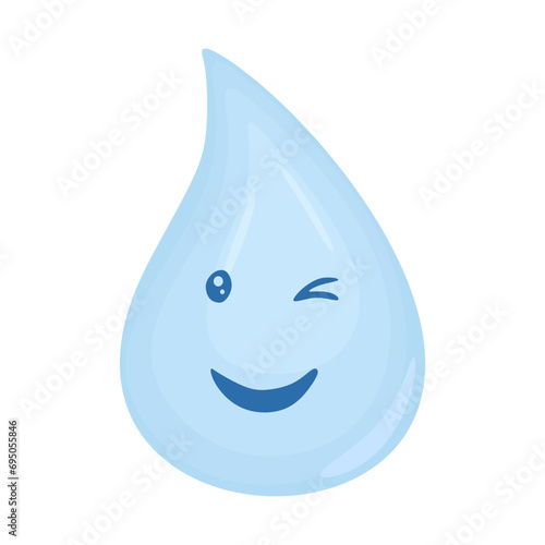 Cute winking water drop character. Happy cartoon water droplet isolated on white background. Beautiful liquid aqua character with happy winking face. Fluid mascot. Vector illustration