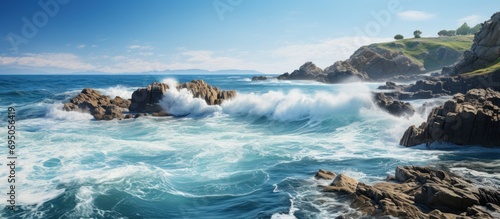 Beautiful seascape with waves crashing on the rock