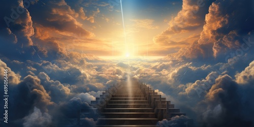 Stone staircase to heaven. Stairs leading to a bright light in the distance, clouds. Generative AI photo