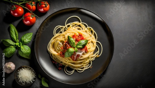 Dark plate with italian spaghetti on dark 